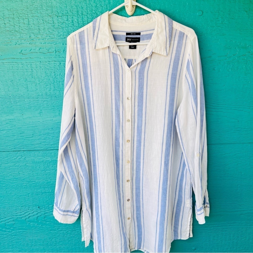 100% Linen Vertical Stripe Longline Button Down Boyfriend Beachy Shirt Size XL